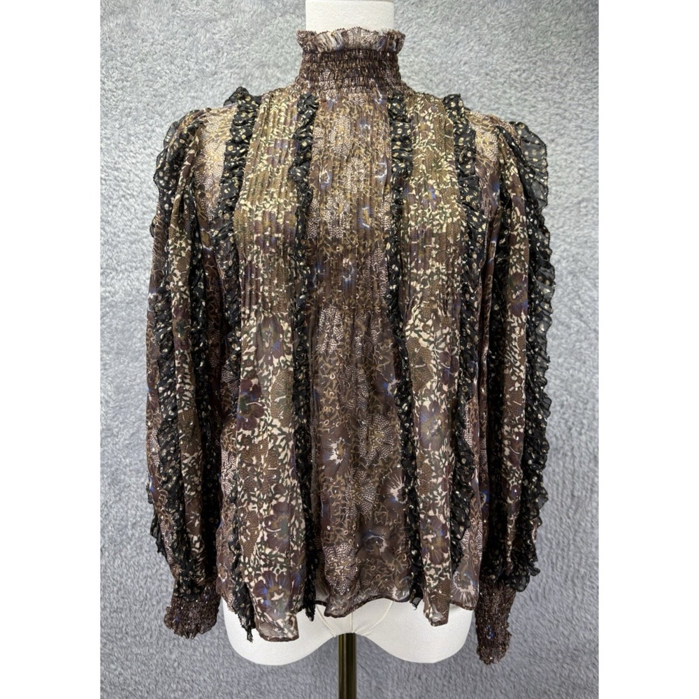 Ulla Johnson Metallic Floral Smocked Mock Neck Ruffle Chiffon Blouse Sz 4 EUC
